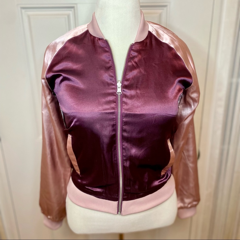 S Plum & Pink Reversible Floral Satin Bomber Jacket